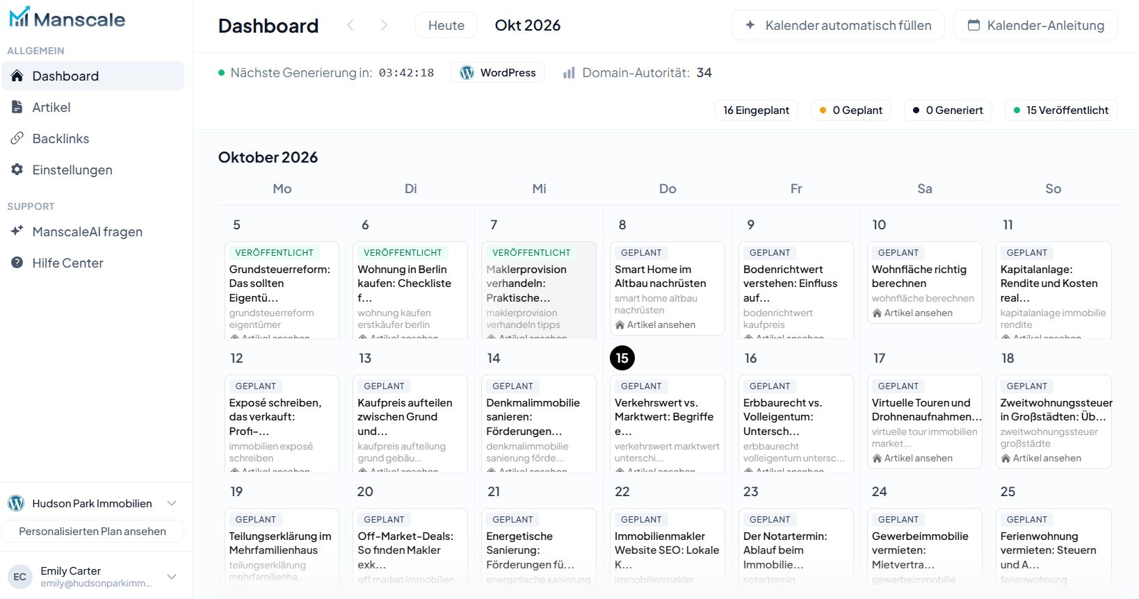 Dashboard von ManscaleAI mit Redaktionskalender (Demodaten)
