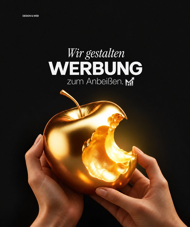 Manscale-Werbemotiv: goldener Apfel mit Biss, Text „Wir gestalten Werbung zum Anbeißen“